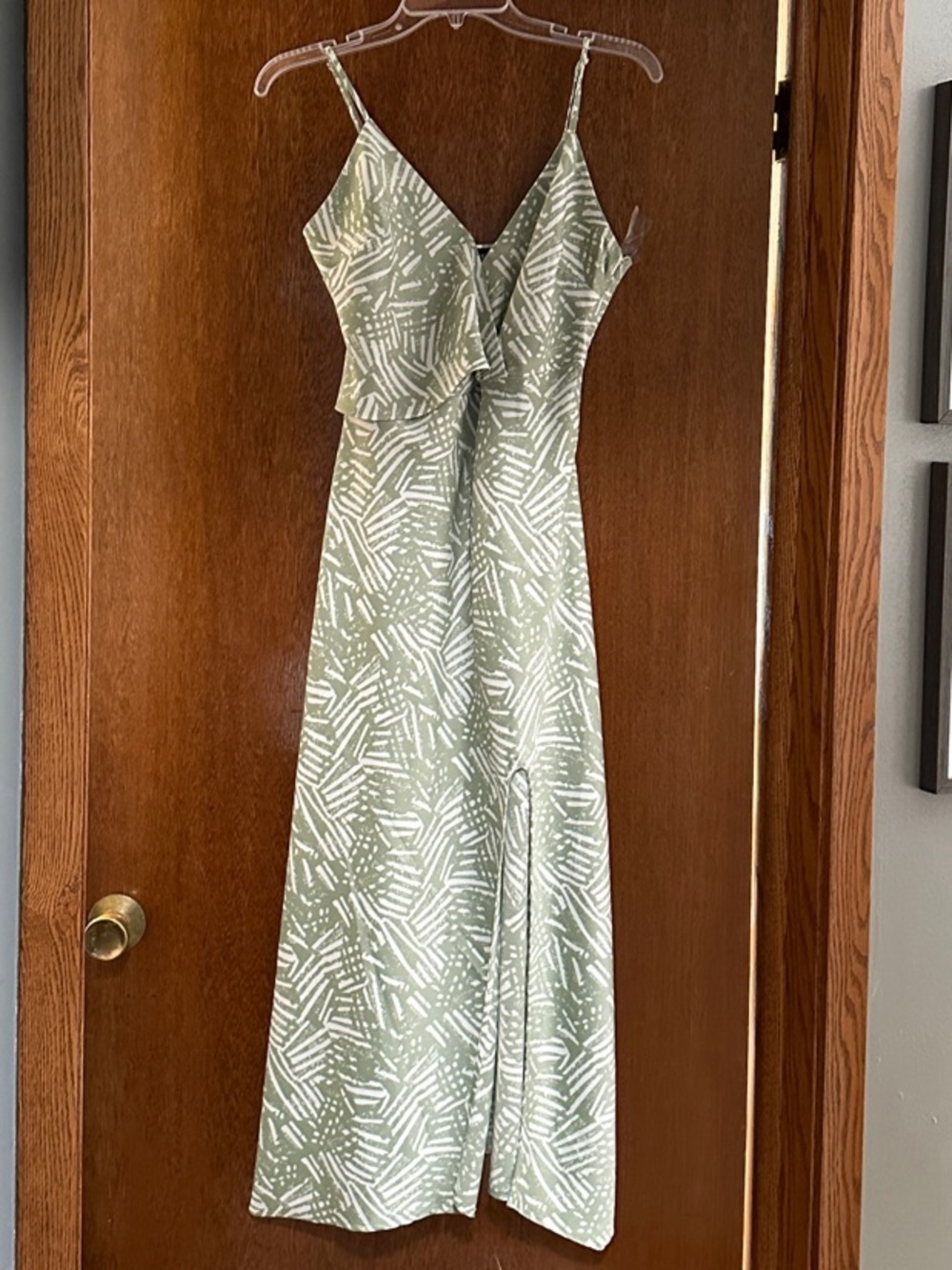 MAP Spaghetti-Strap Printed Maxi Dress in Sage Green Front slit